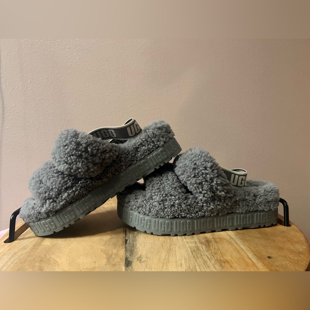 UGG Gray Platform Fuzzy Slippers